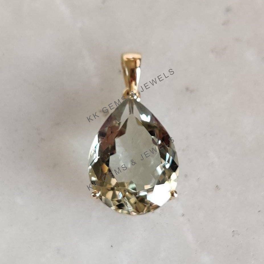 7.69 Ct Natural Green Amethyst Pendant 14K Yellow Gold Prong February Birthstone