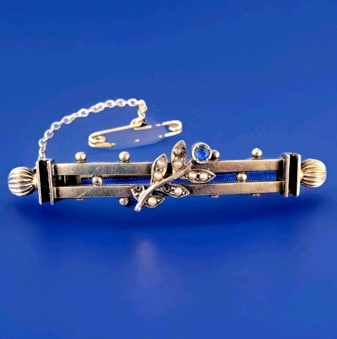 Original VICTORIAN SAPPHIRE PEARL Deco BROOCH 9K GOLD 4.2 GRAMS 2″ INCH Vintage