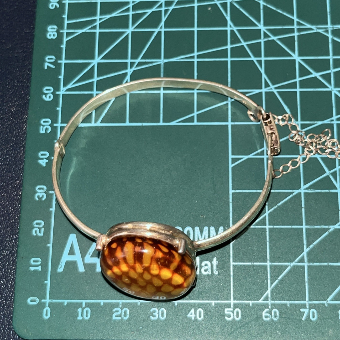 Sterling Silver 925 & Baltic Amber Reverse Carved Bangle – Stamped – Beautiful