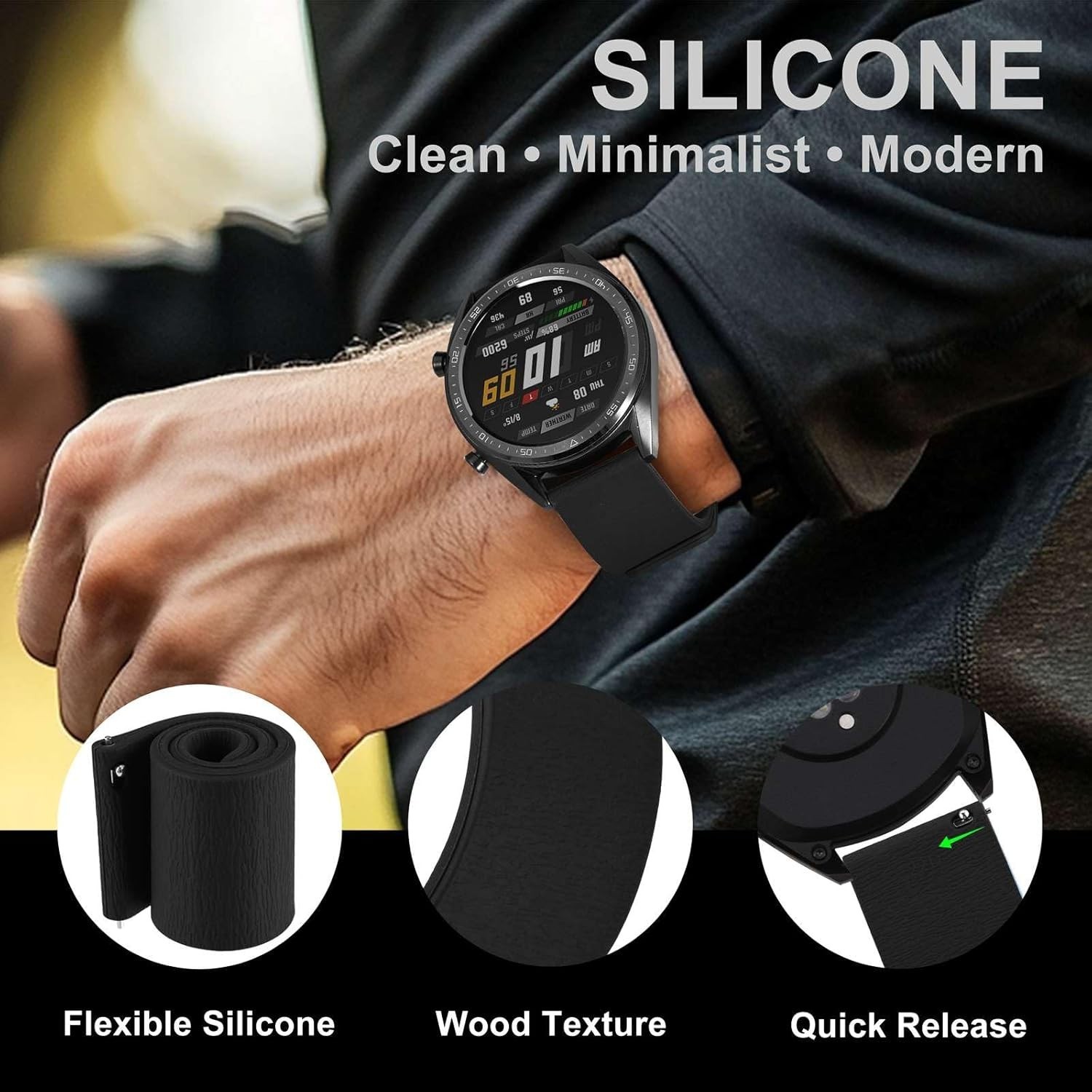 Easy Fit Magnetic Silicone Watch Band with Wood Texture 20mm 22mm