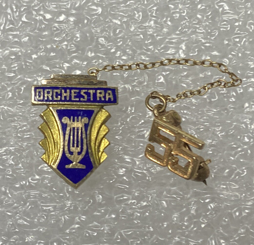 Vintage 1955 Stamped 1/10 10KT Gold & Blue Pin Lyre Orchestra Music Award vg