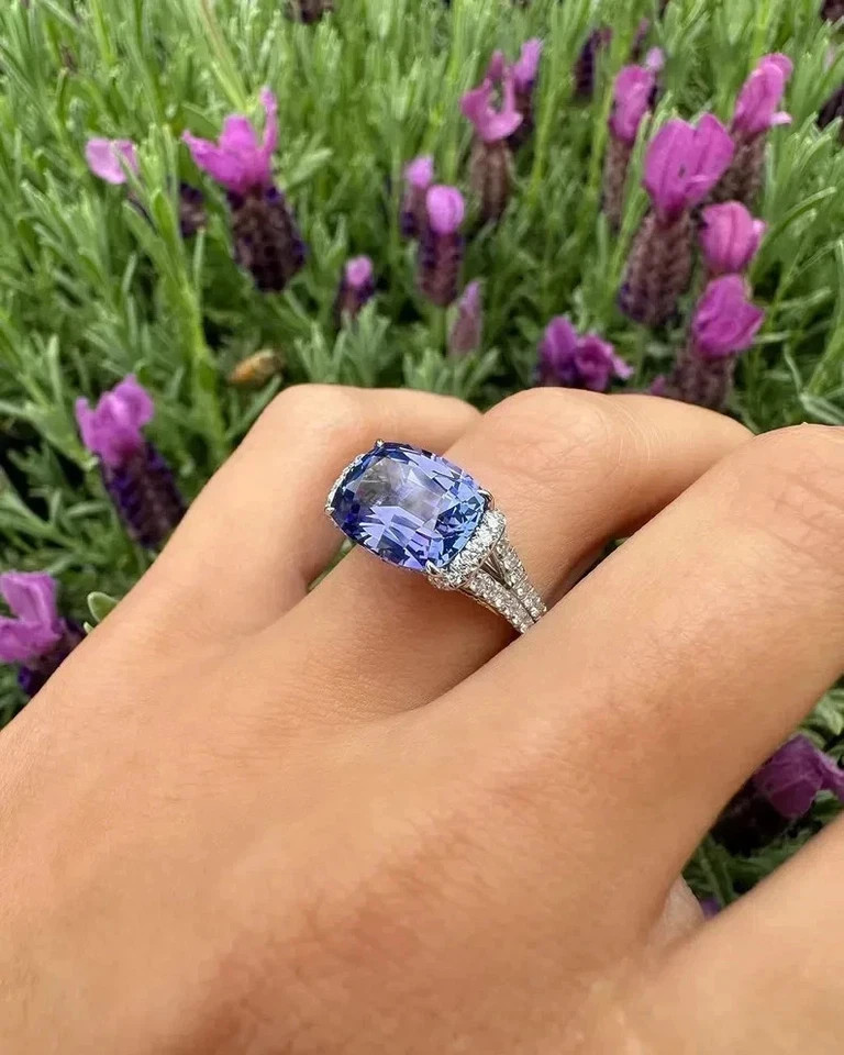 4.80Ct Cushion Cut Natural Tanzanite &Diamond 14K White Gold Luxurious Ring