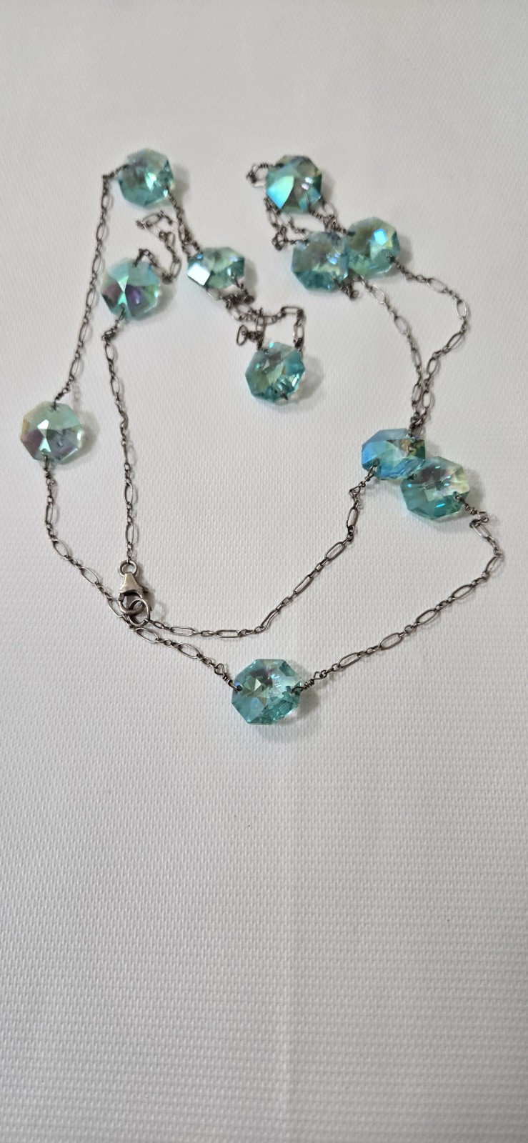 Vintage 925 Starling Silver Blue Crystal 41″ Long Station Necklace
