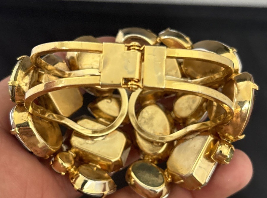 Vintage Gold Tone Plastic Resin Rhinestones Wide Hinged Bracelet Wow