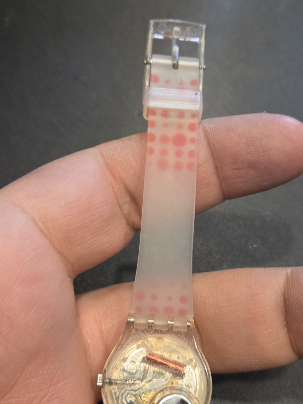 Vtg Swatch Watch 80’s 90’s Rare Red Darling 8″ Quartz Polka Dot Transparent C201