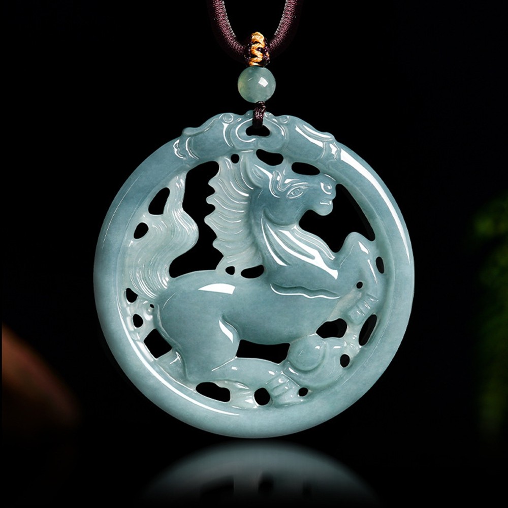 Certified Grade A Blue Water Burma Jade jadeite Zodiac Horse Pendant Necklace