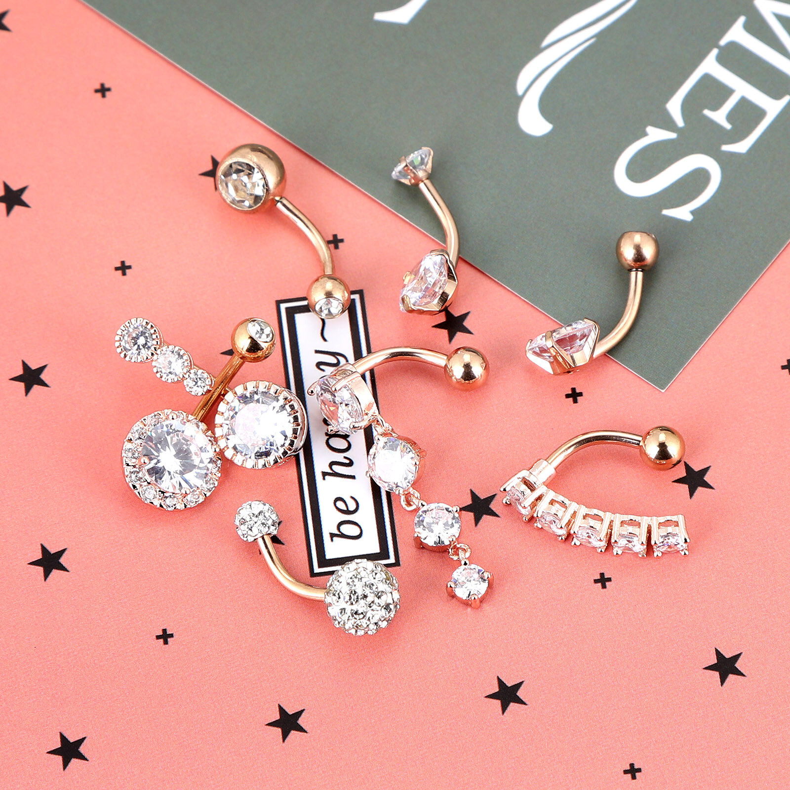 8Pcs Rosegold & Silver Stainless Steel CZ Navel Belly Button Rings Piercing Set