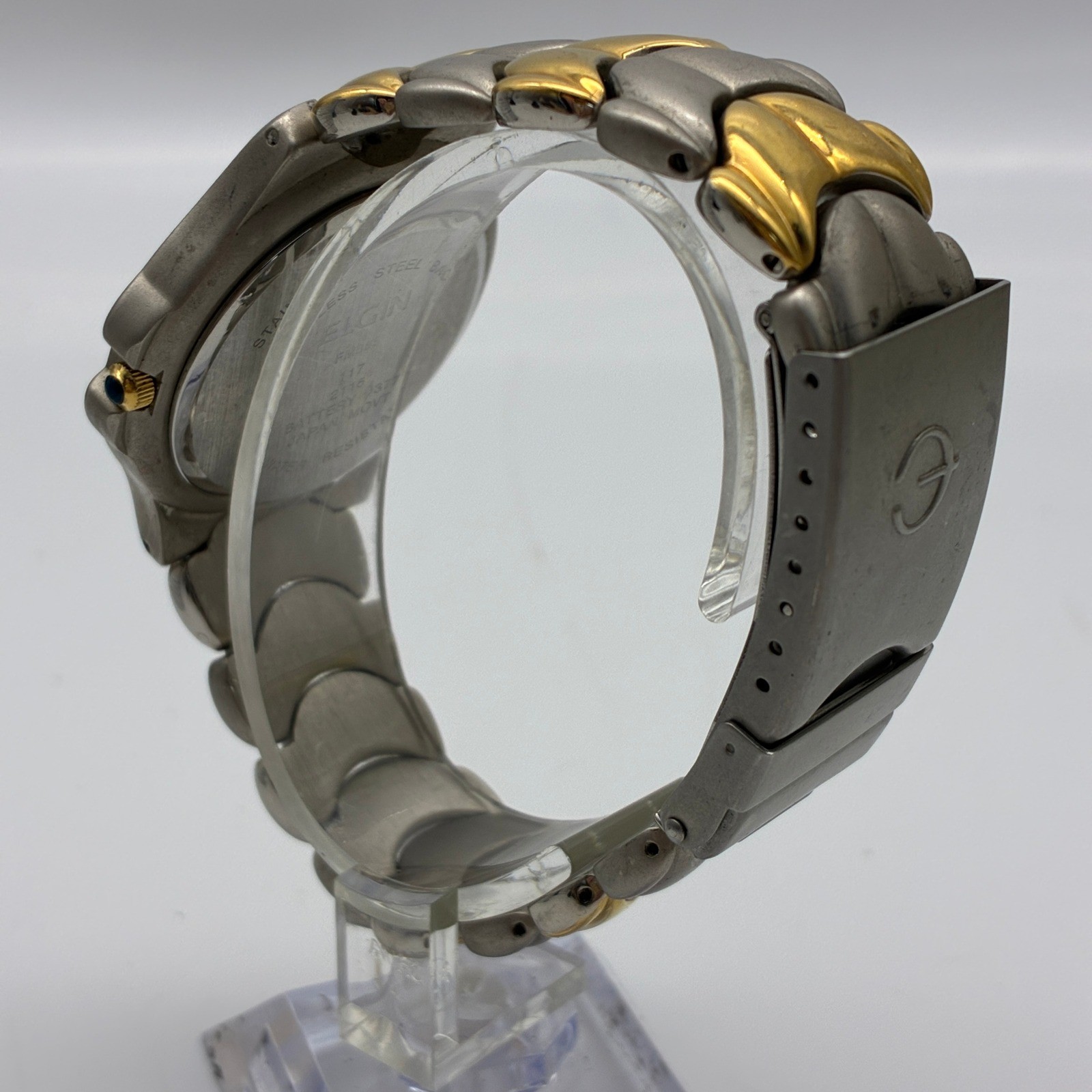 Elgin FM885 Two Tone Quartz Watch Gold Silver Date Window Blue Cabochon Crown