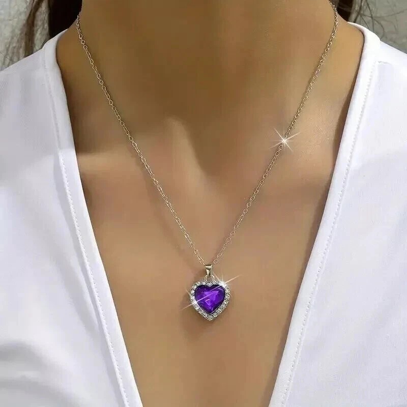 Heart Cut Simulated Purple Amethyst Halo Stunning Pendant 14k White Gold Plated