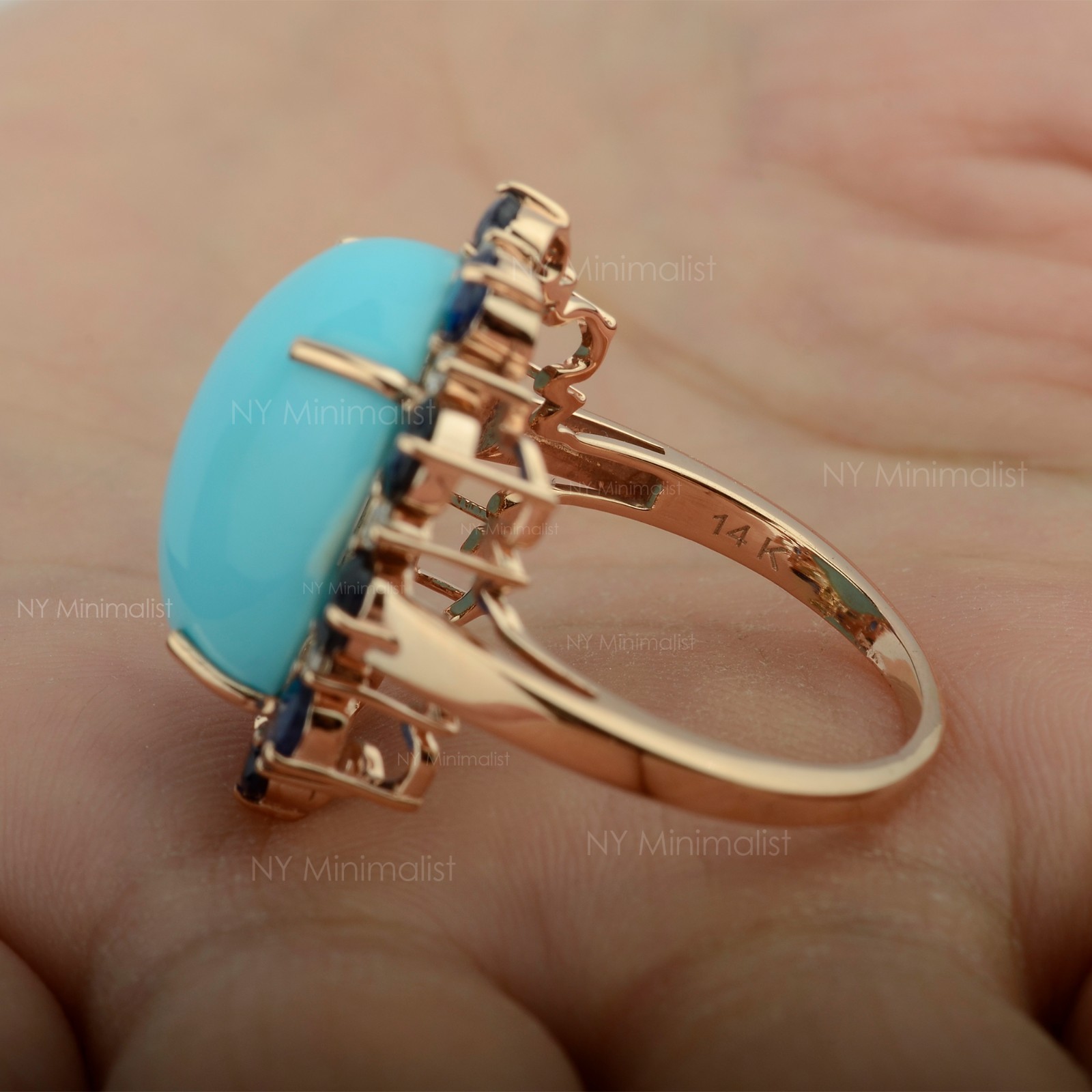 14K Solid Gold Genuine Oval Turquoise Blue Sapphire and Diamond Engagement Ring