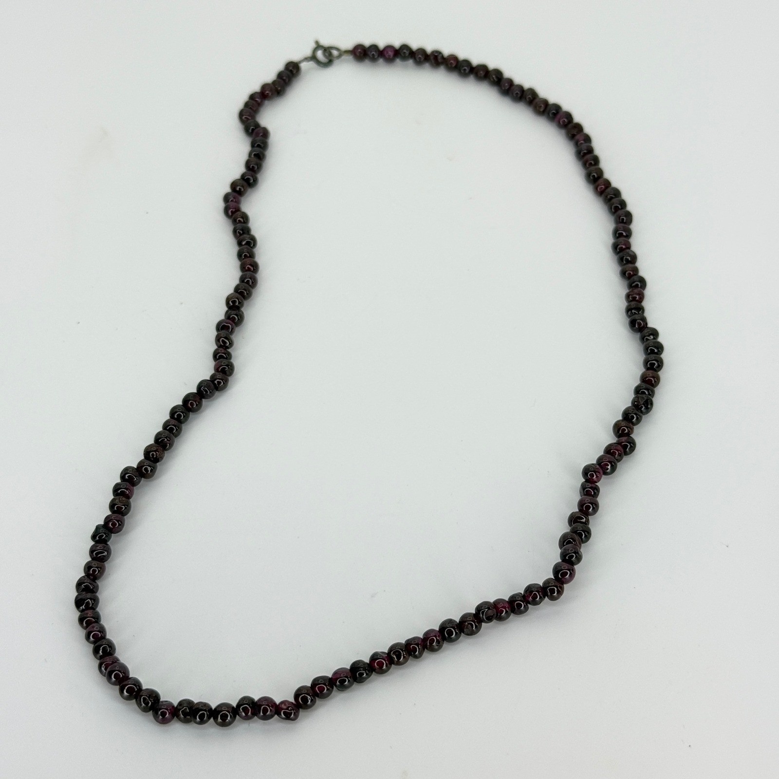 Vintage Round Garnet Bead Strand Necklace Sterling Silver Dark Red Burgundy
