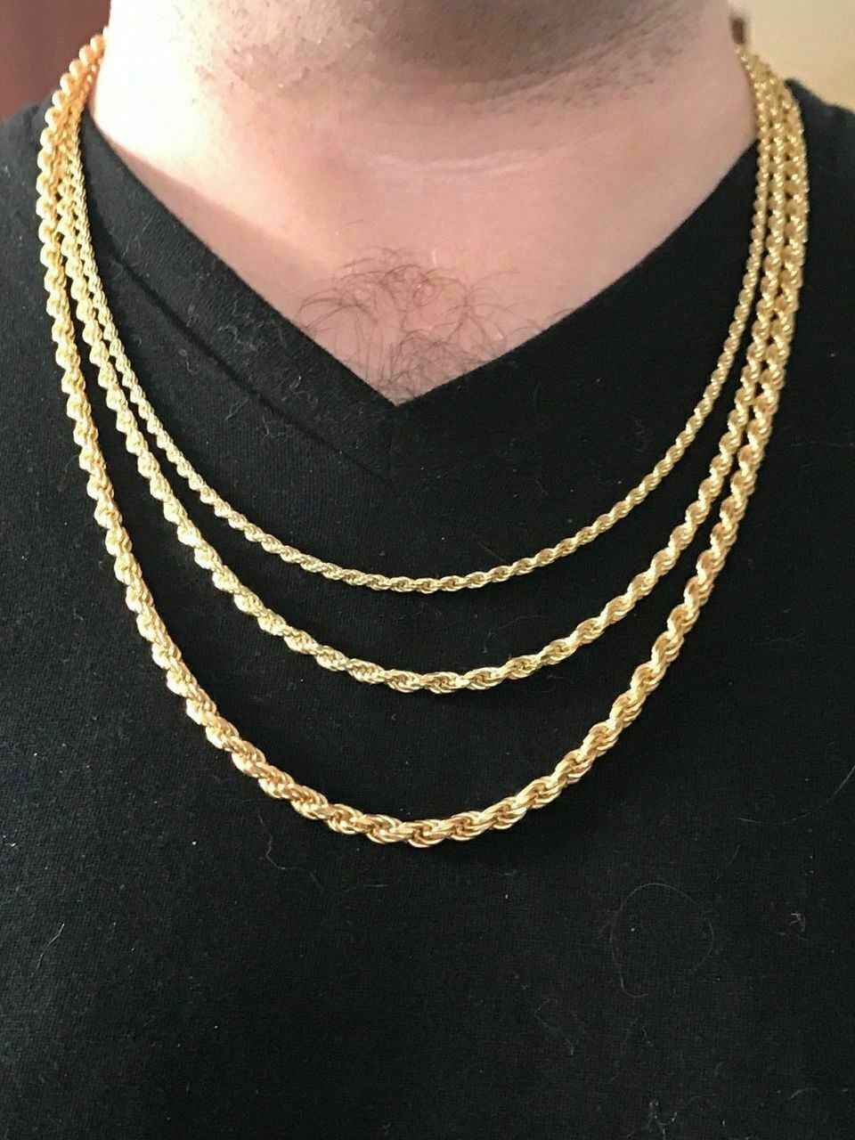 Cadena Estilo Cuerda Bañada En Oro De 14k Sobre Plata 925 Autentica Para Hombre