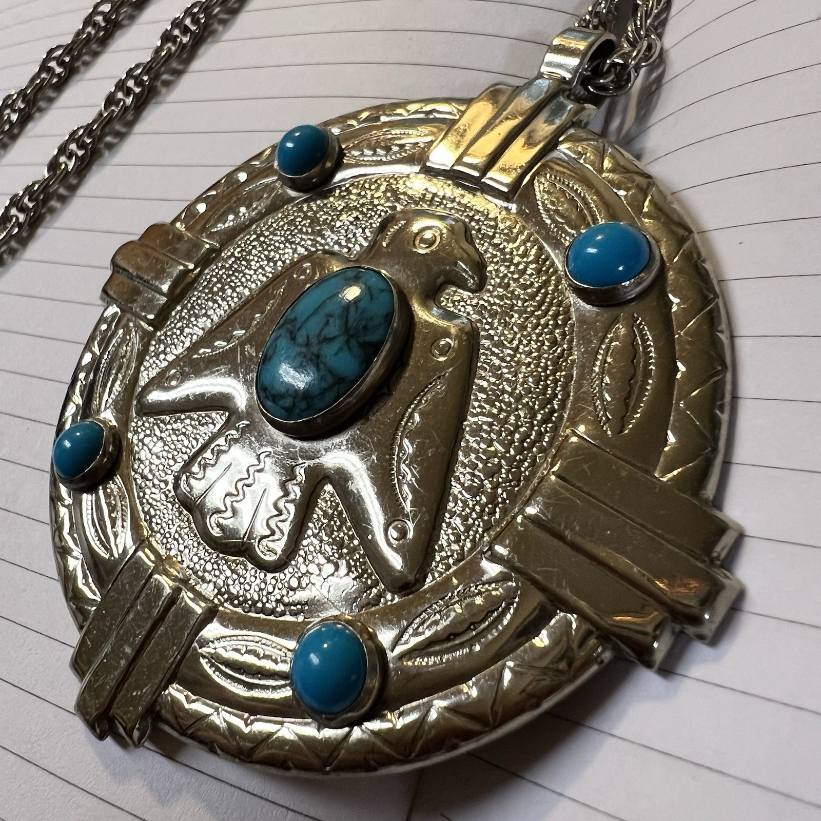 Nickle Silver Bell Vintage Western Navajo Thunderbird Turquoise Pendant Necklace