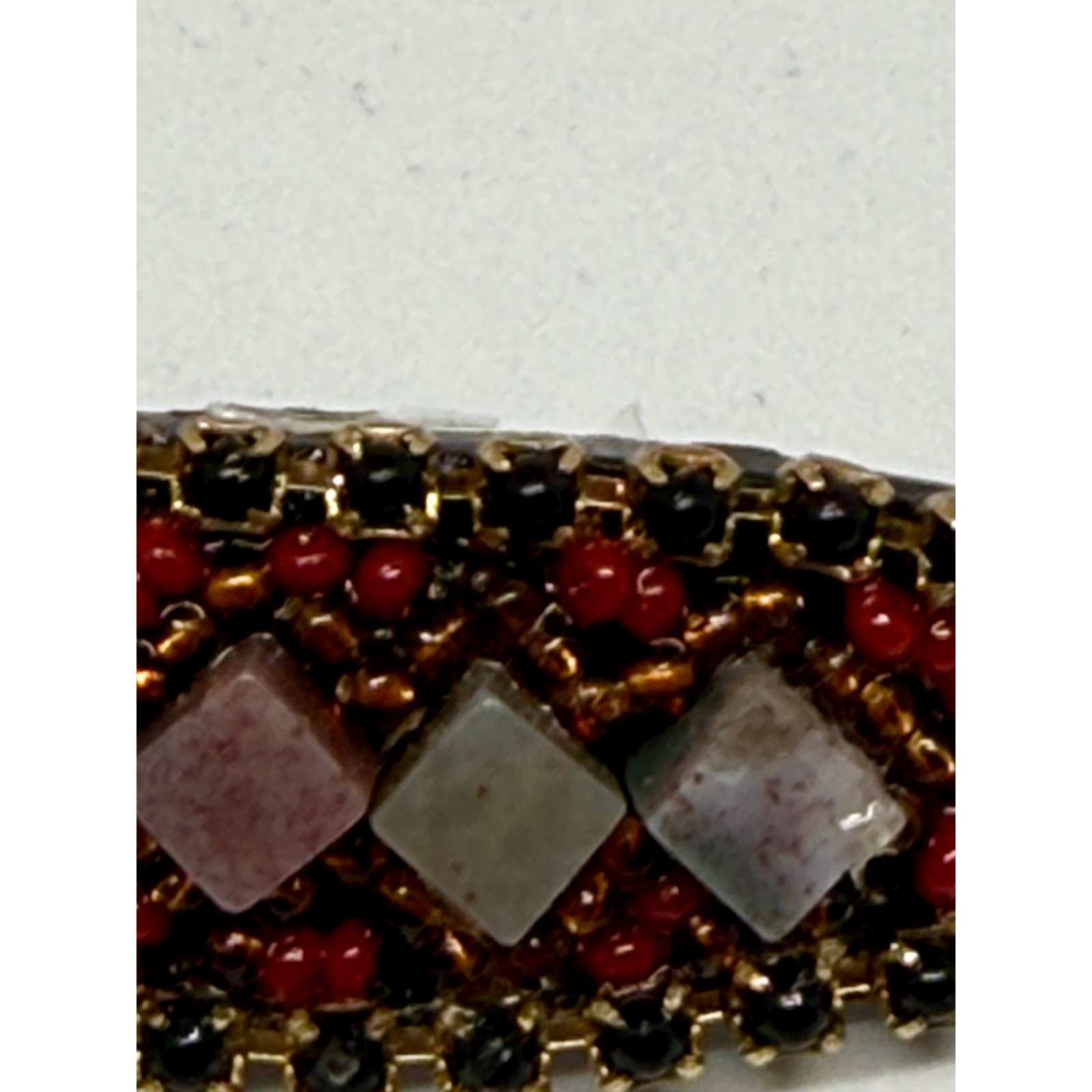 VINTAGE Hickham 1999 Hand Beaded Natural Stone Brooch Artisan Seed Bead Pin Boho