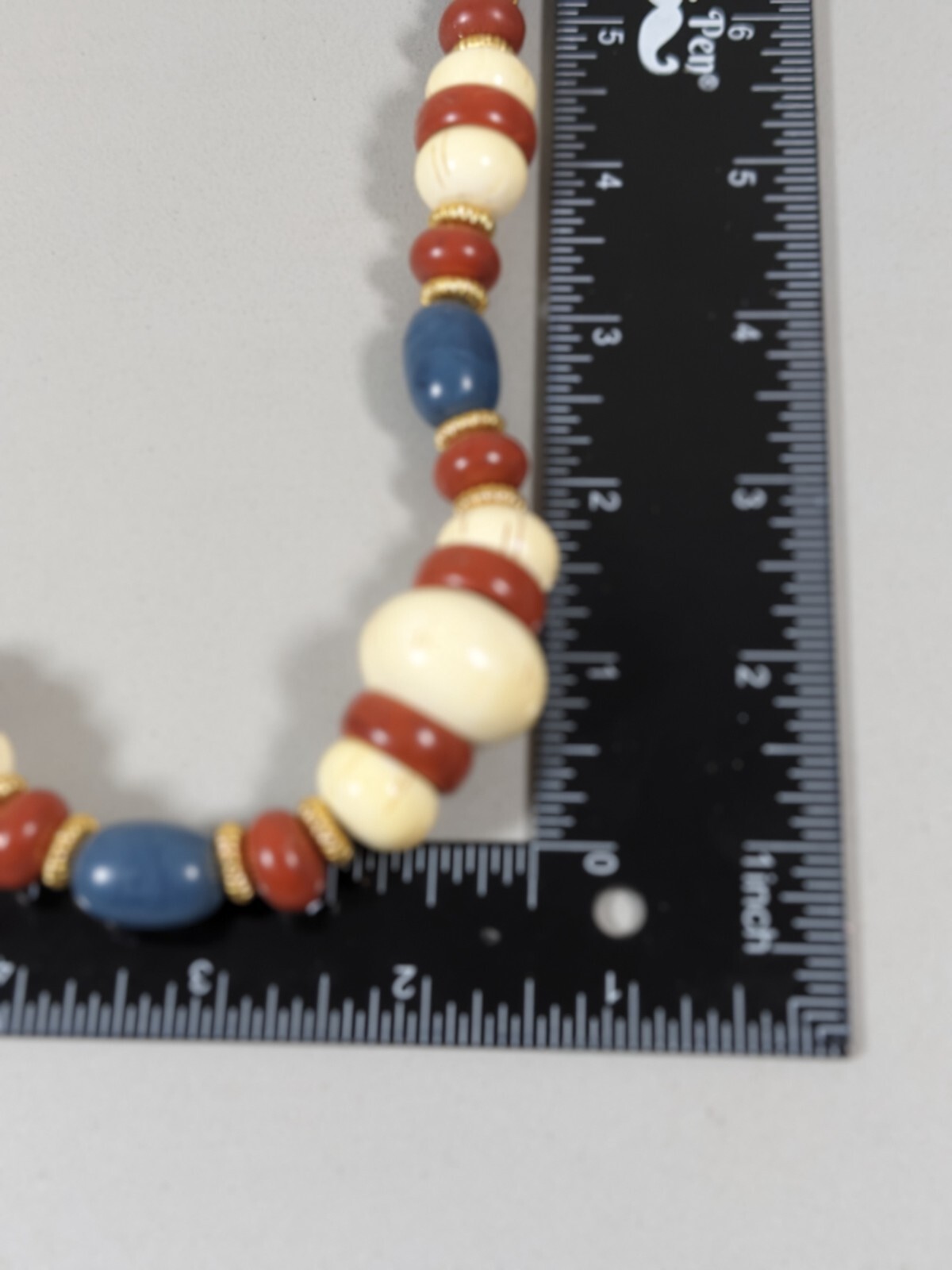 Vintage Ivory Color Blue Brown Acrylic Beaded Tribal Style Chunky Necklace 21 in