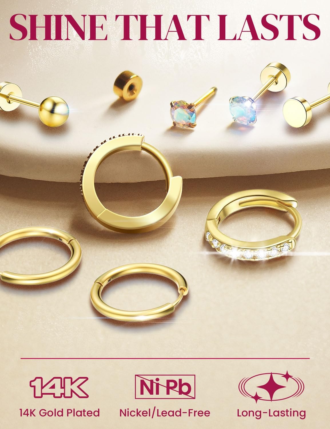10 & 14 Pairs Hypoallergenic 14K Gold Plated Flat Back Earrings Hoops for Wom…