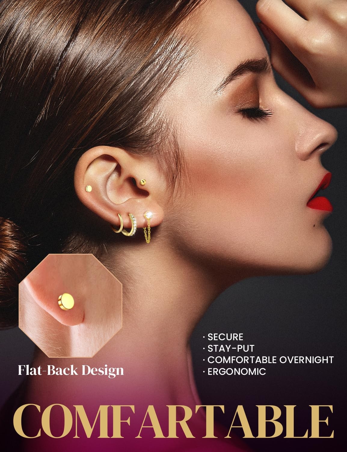 10 & 14 Pairs Hypoallergenic 14K Gold Plated Flat Back Earrings Hoops for Wom…