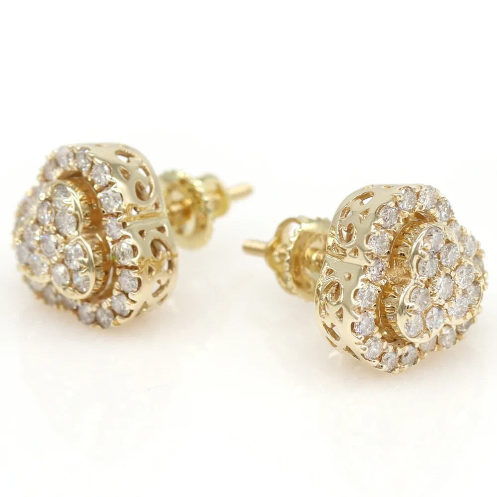 0.89 Carat Round G-H Diamond Micro-pave Clover Earrings Studs in 14k Yellow Gold