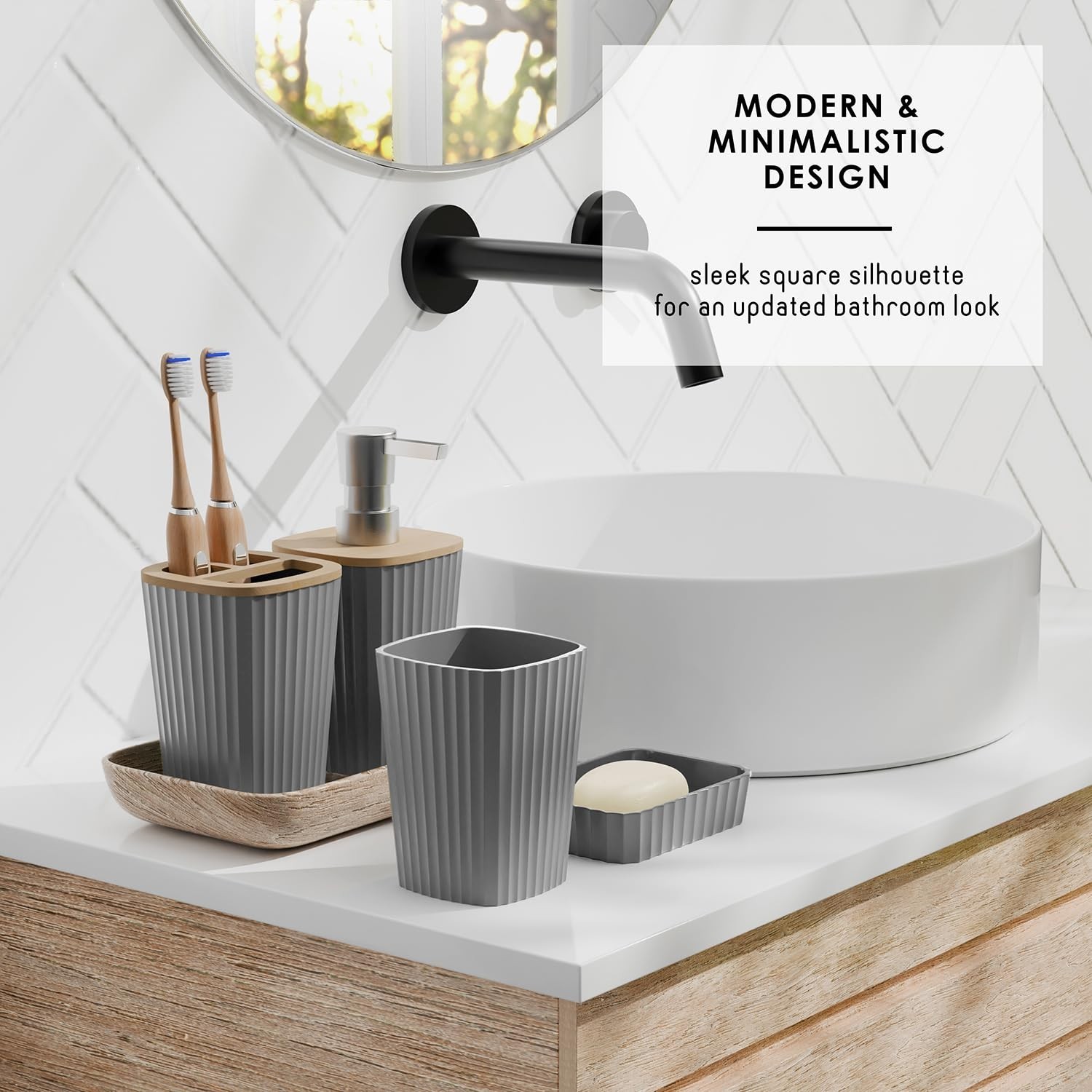 20PC Grey Bathroom Accessories Set – Shower Curtain, Toilet Brush, Trash Can & S