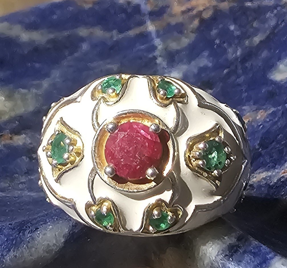 Ring Natural Ruby and emeralds Enamel, 925 and Electroplated Gold size 7.25