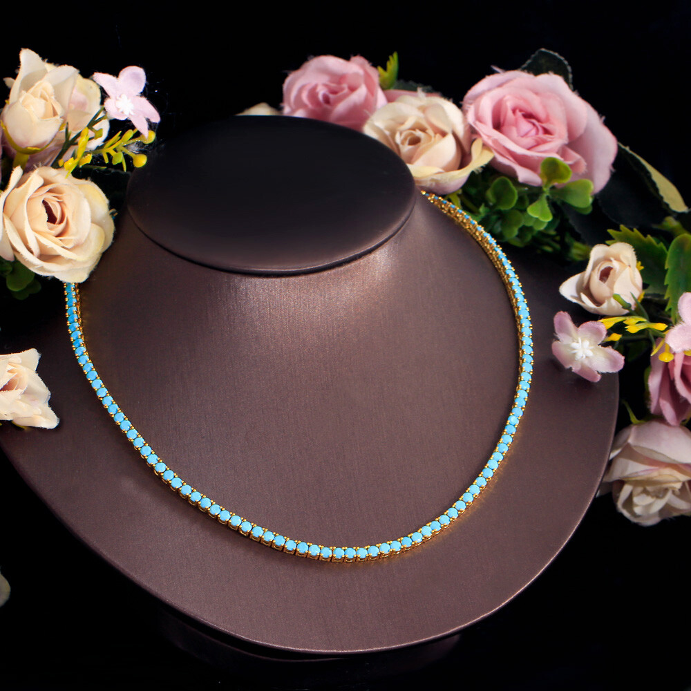 Yellow Gold Plated 3mm Round Turquoises Tennis Chain Choker Necklace for Women