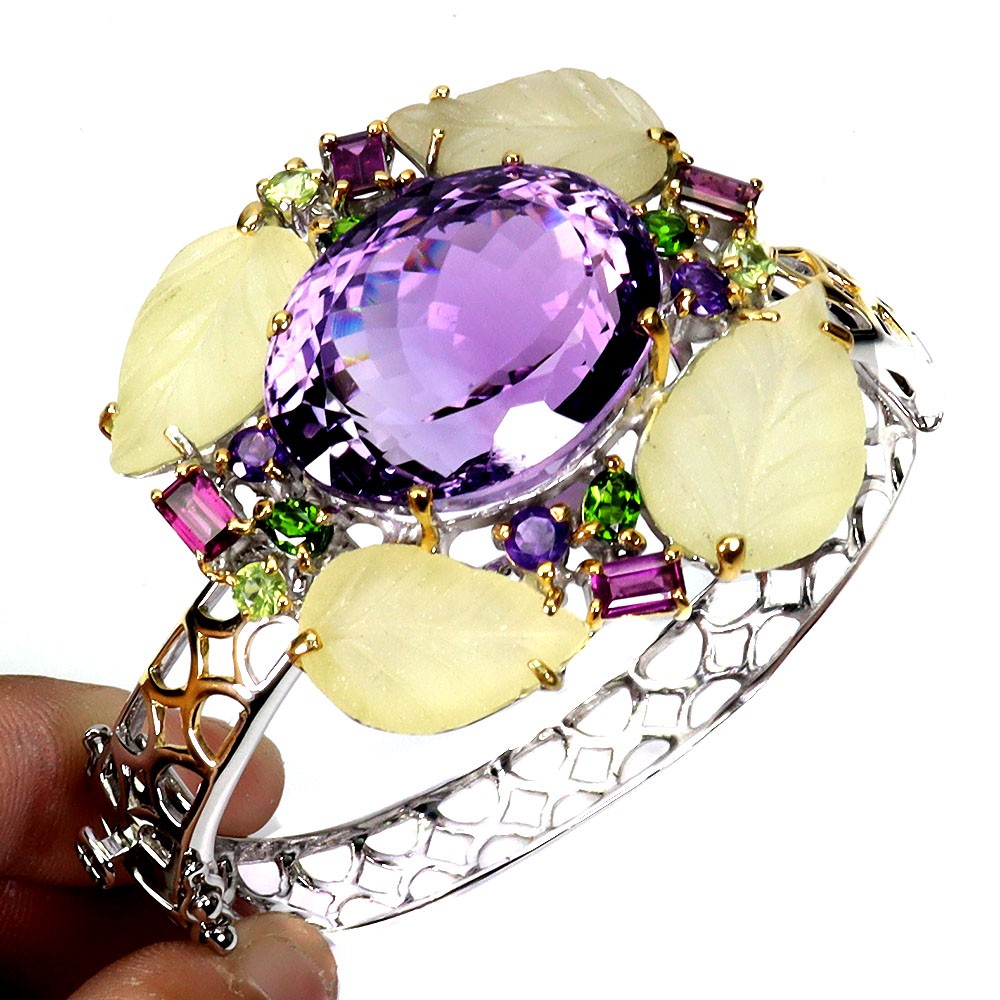 925 Sterling Silver Bangle Oval Amethyst 65ct Peridot Handmade Gemstone 5.9in
