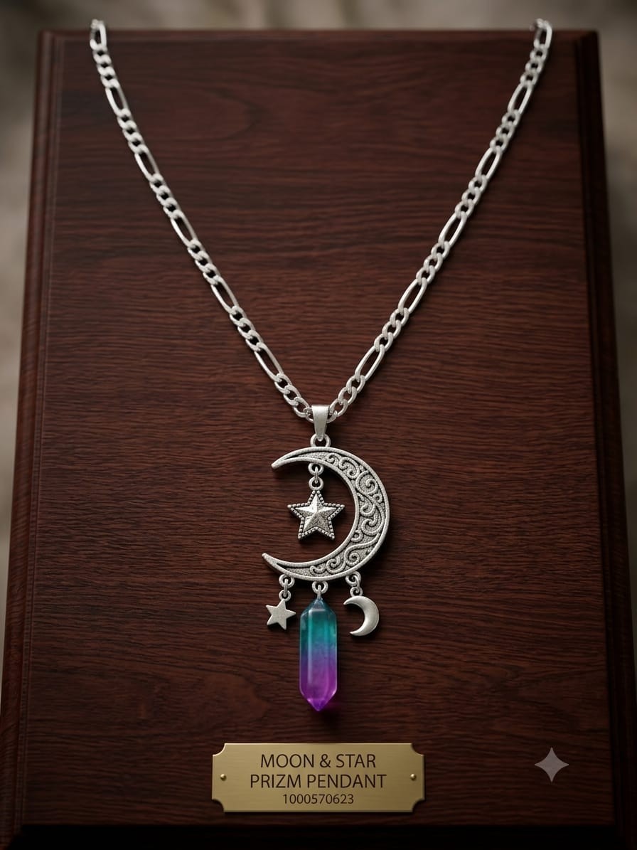 ​Silver Celestial Moon Star Necklace with Blue Purple Crystal Prism