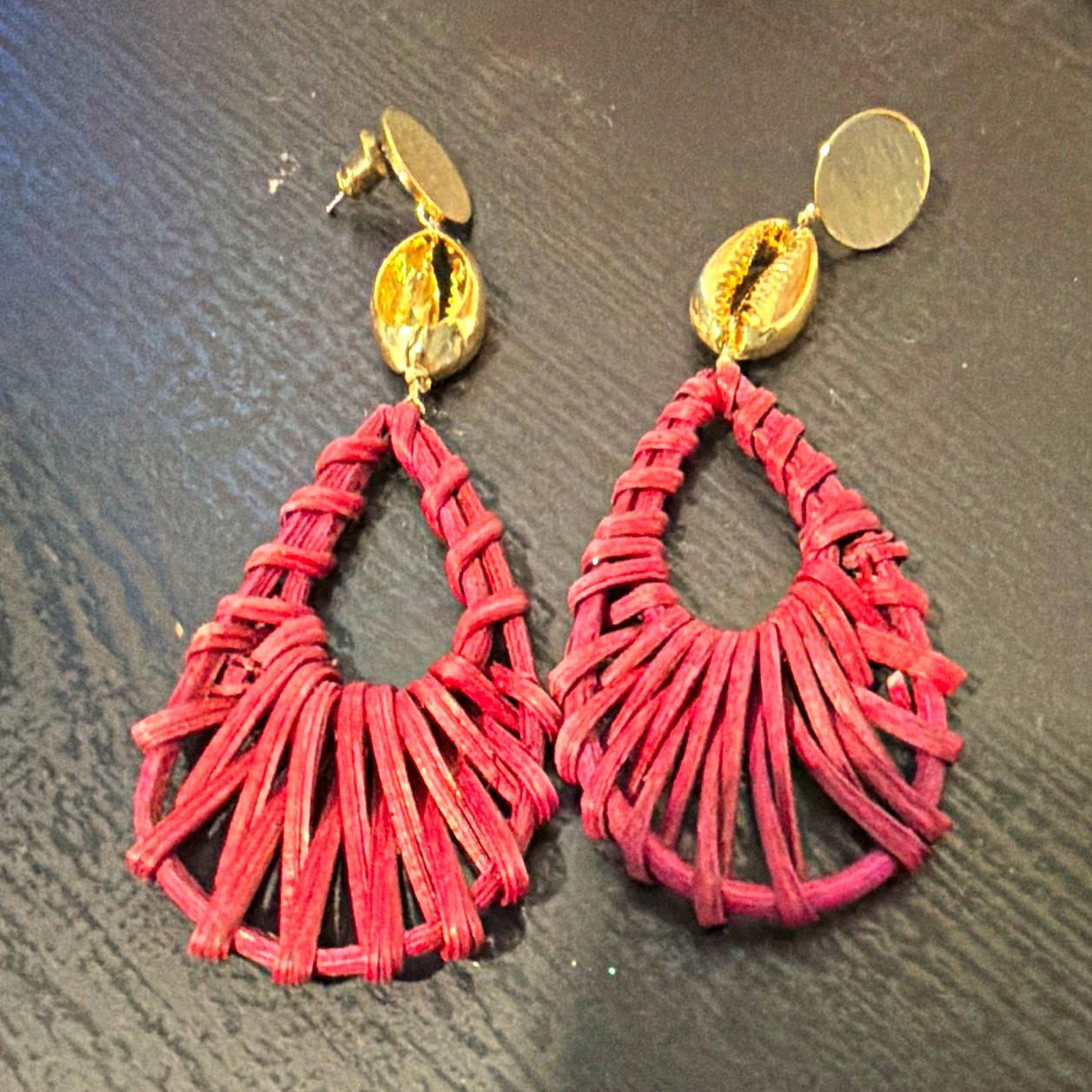 Burgundy Teardrop Dangle Earrings, Gold-Tone Cowrie Shell Stud, Butterfly