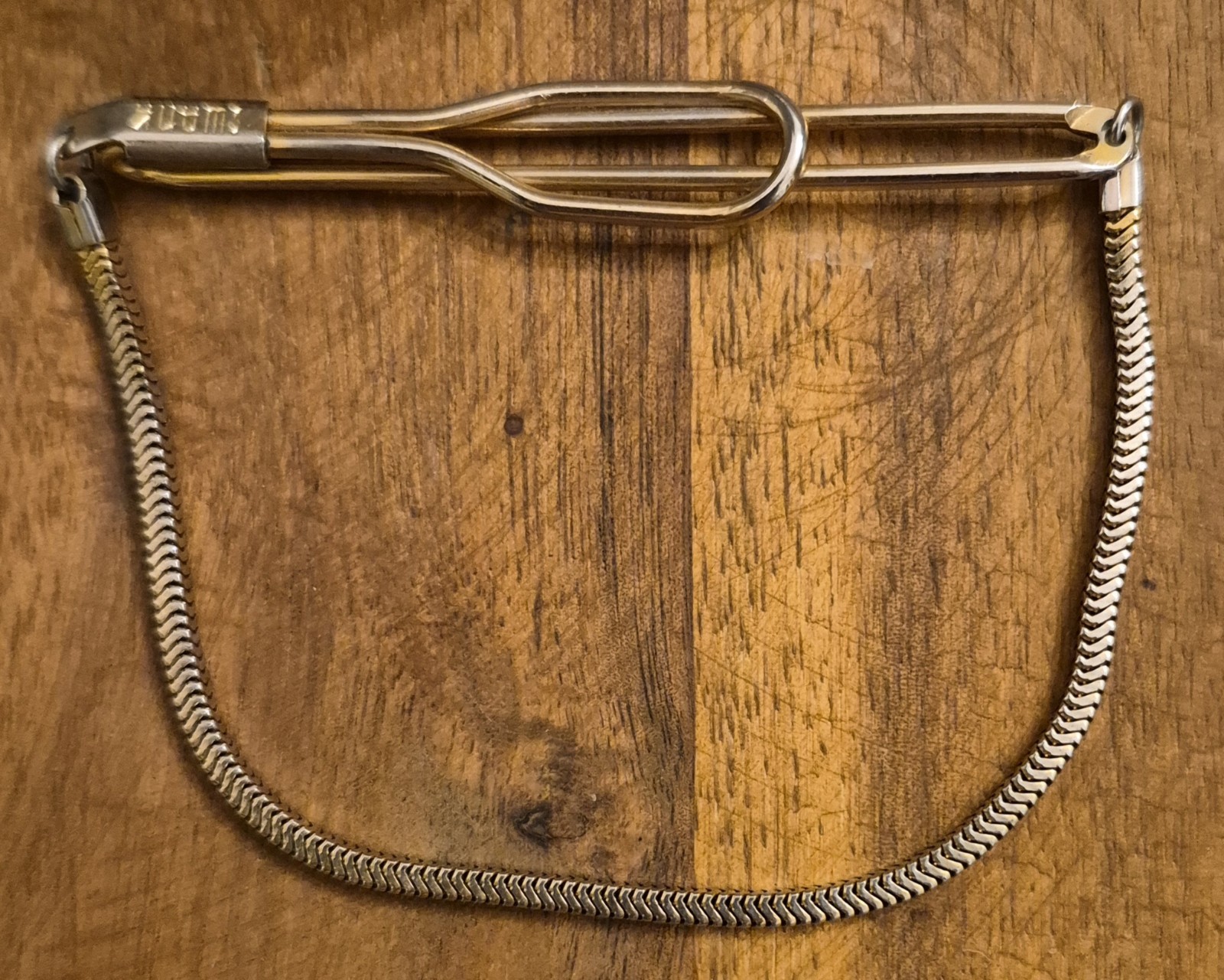Vintage Swank Gold Tone Loop Tie Bar Clip Clasp w/ Snake Drop Chain Mid Century