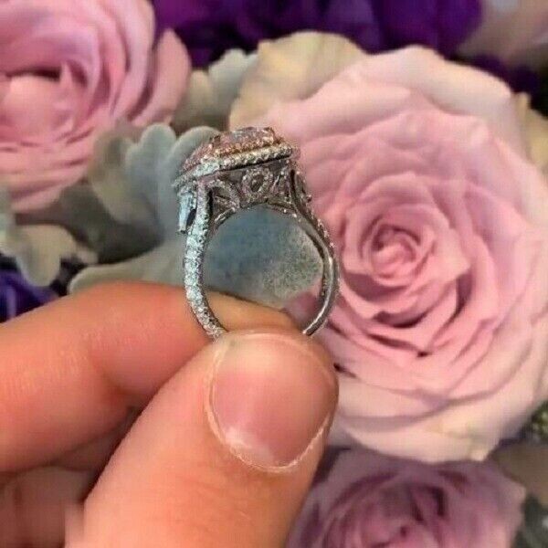 4Ct Lab-Created Pink Sapphire Attractive Halo Engagement Ring 14K White Gold Fn