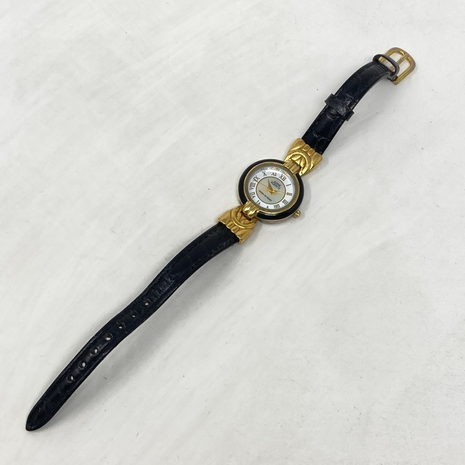 Vtg Anne Klein II Watch Women 24mm Gold Tone MOP Black Classic New Battery 8″