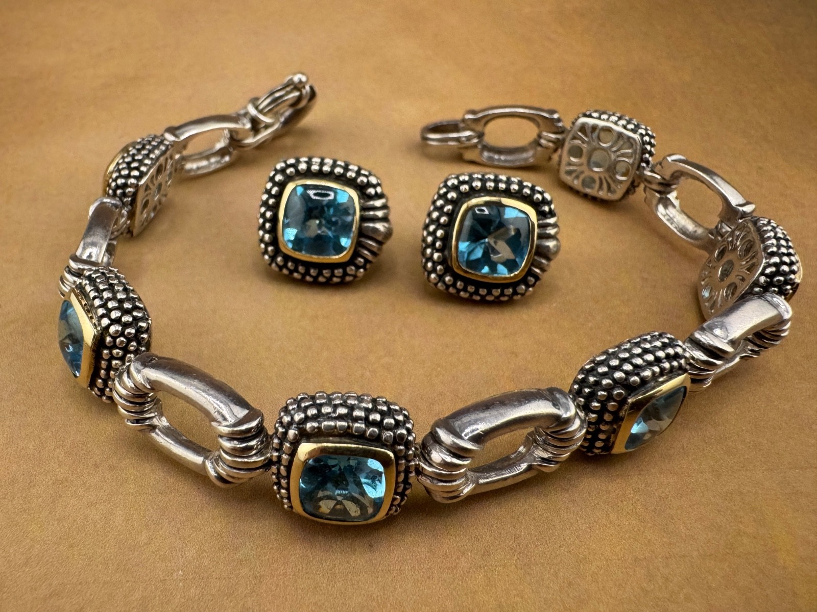 Matched Sterling Silver Bracelet 8″ L and Clip on Earrings 45 grams Blue Stones