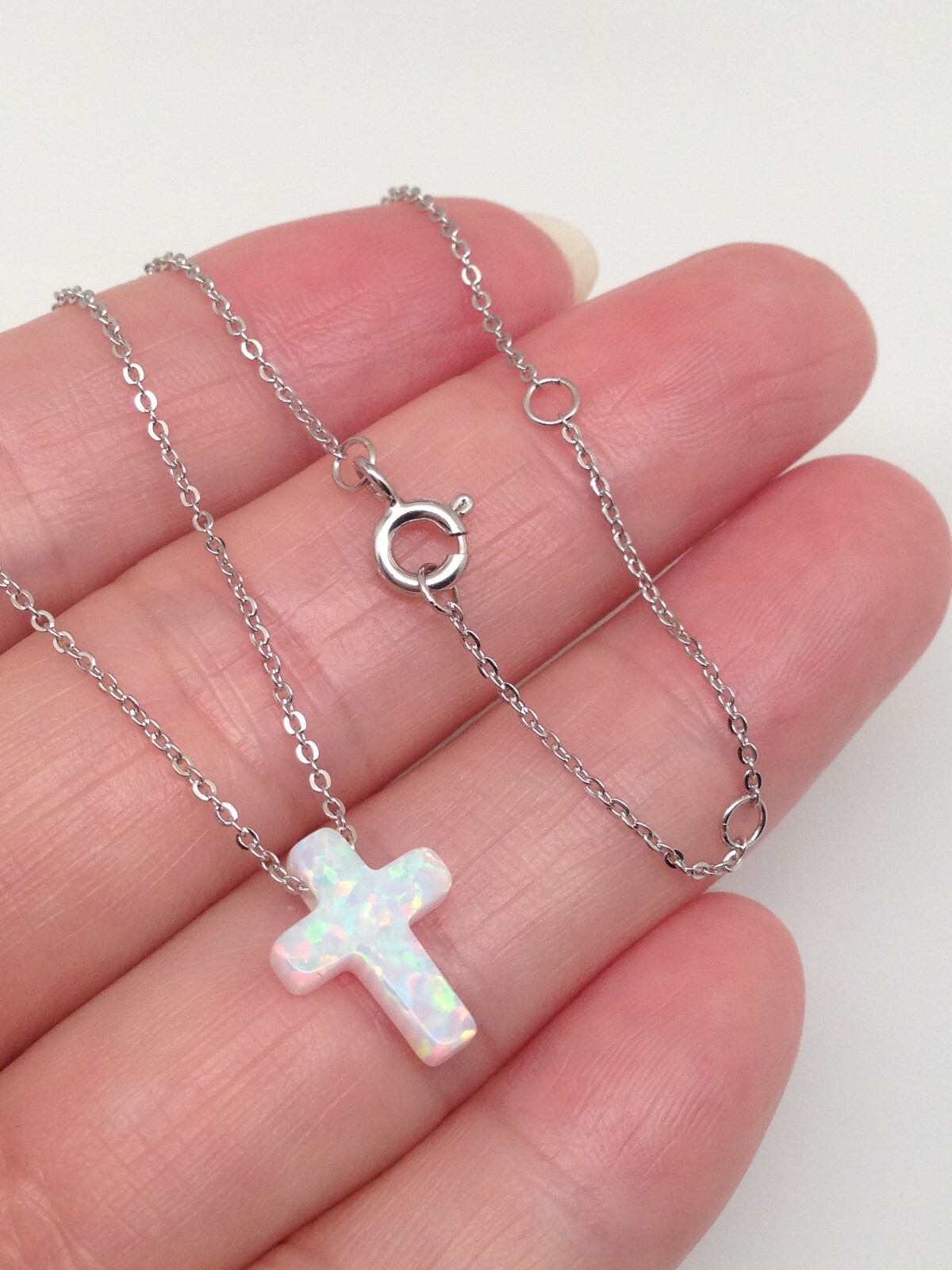 White Opal Cross Necklace 925 Sterling Silver Womens Girls 12mm 17.75″ Simulated
