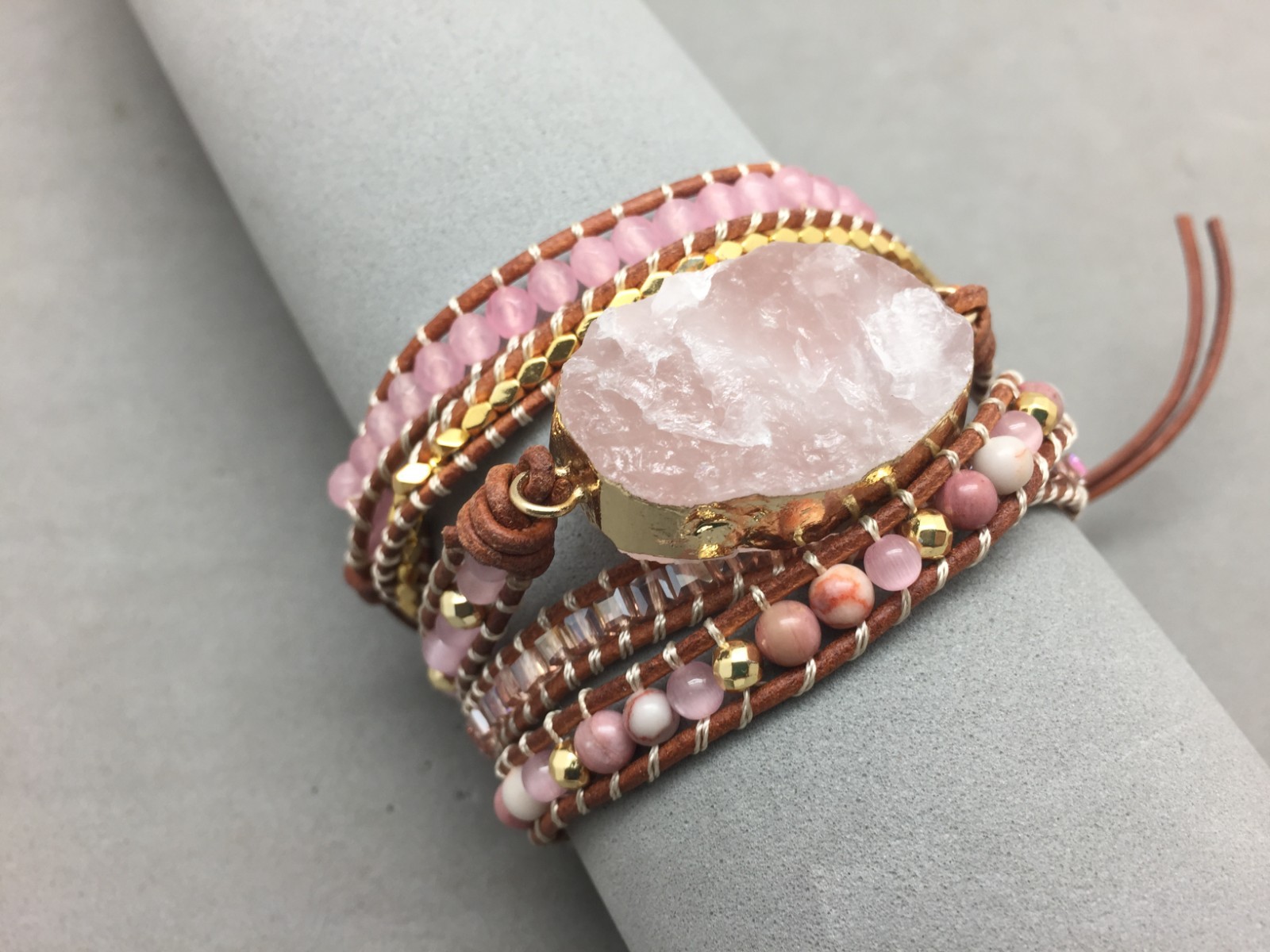 Natural Rose Quartz Crystal Beaded Leather Wrap Bracelet Heart Chakra Rhondonite