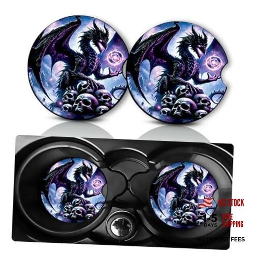 2 Pack Car Cup Holder Coasters 2.75″ Universal Size Anti Slip Dragon and Skulls