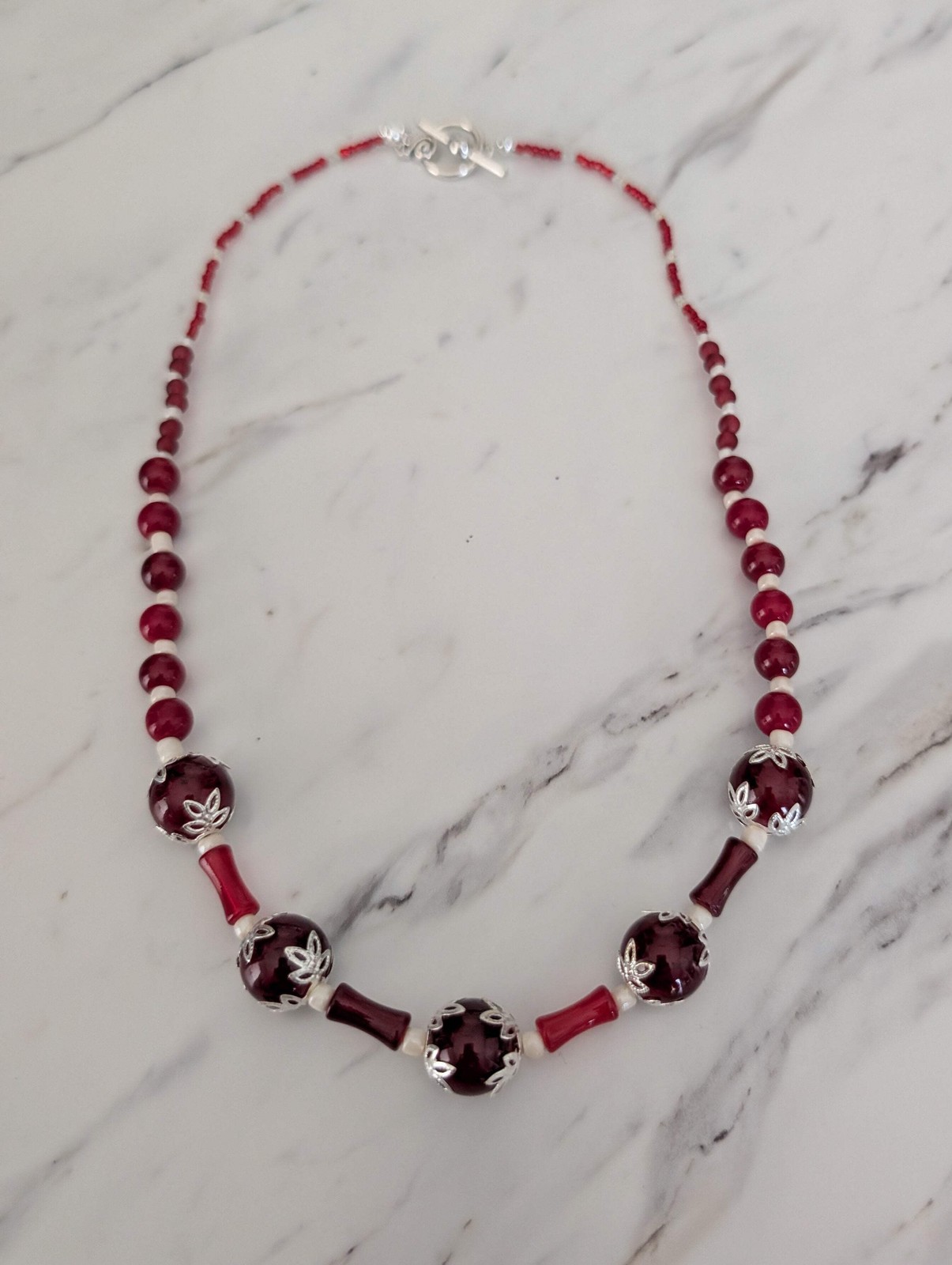 Burgundy Beaded Necklace for Women – 21.5″ Red Glass & Bamboo Tube Statement Nec