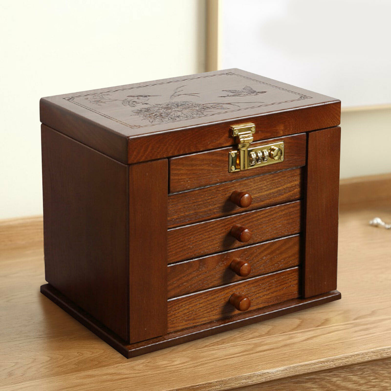 5 Layers Vintage Large Jewelry Organizer Wooden Storage Box Case with 4 Drawers