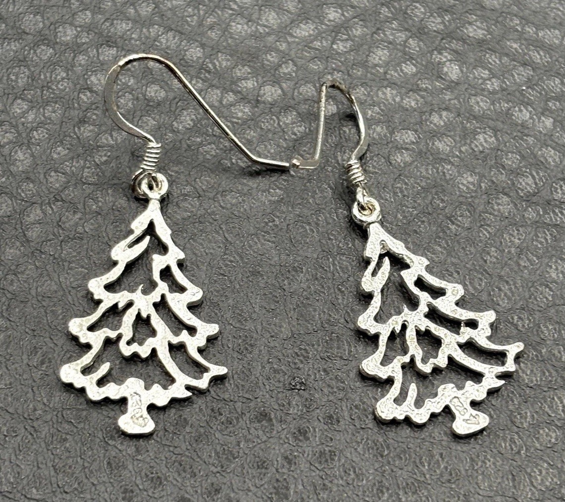 Sterling Silver Christmas Tree Earrings Cut Out Design Holiday Dangle