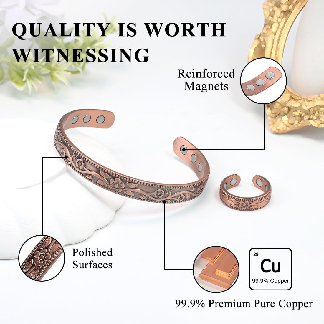 Copper Magnetic Bracelet & Ring Set for Women 99.9% Pure Copper, Strong Magnets