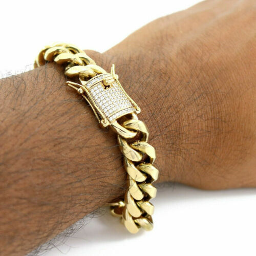 Gold Plated Miami Cuban Link Chain Bracelet Stainless CZ Steel Clasp 6mm-14mm