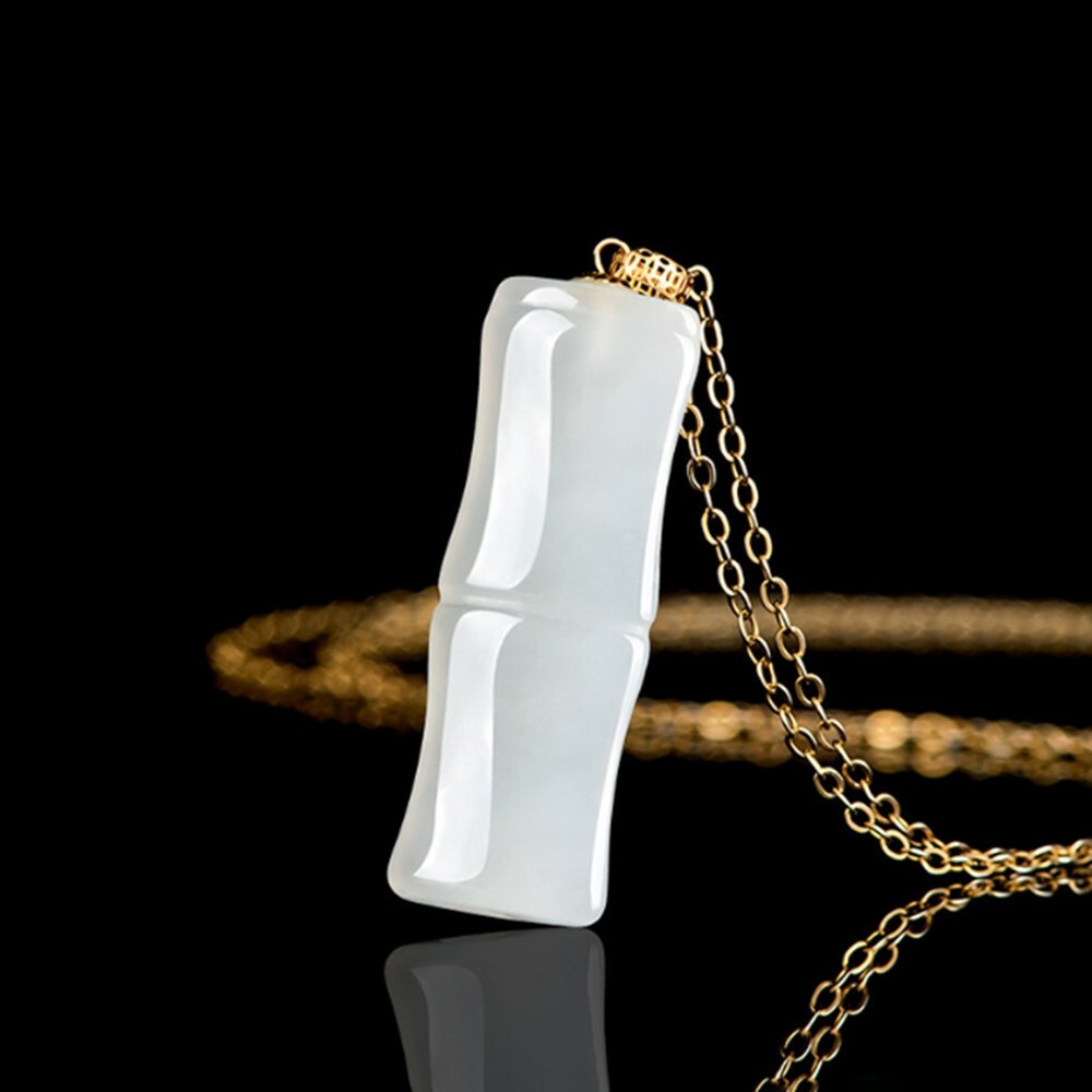 Certified White Natural AAA HeTian Jade 18K Solid Gold Bamboo Pendant Necklace