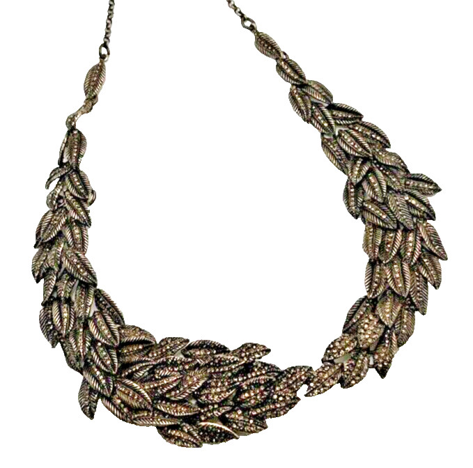 ANN TAYLOR Rhinestone Leaves Collar Necklace Bronze Tone Runway Statement 21″