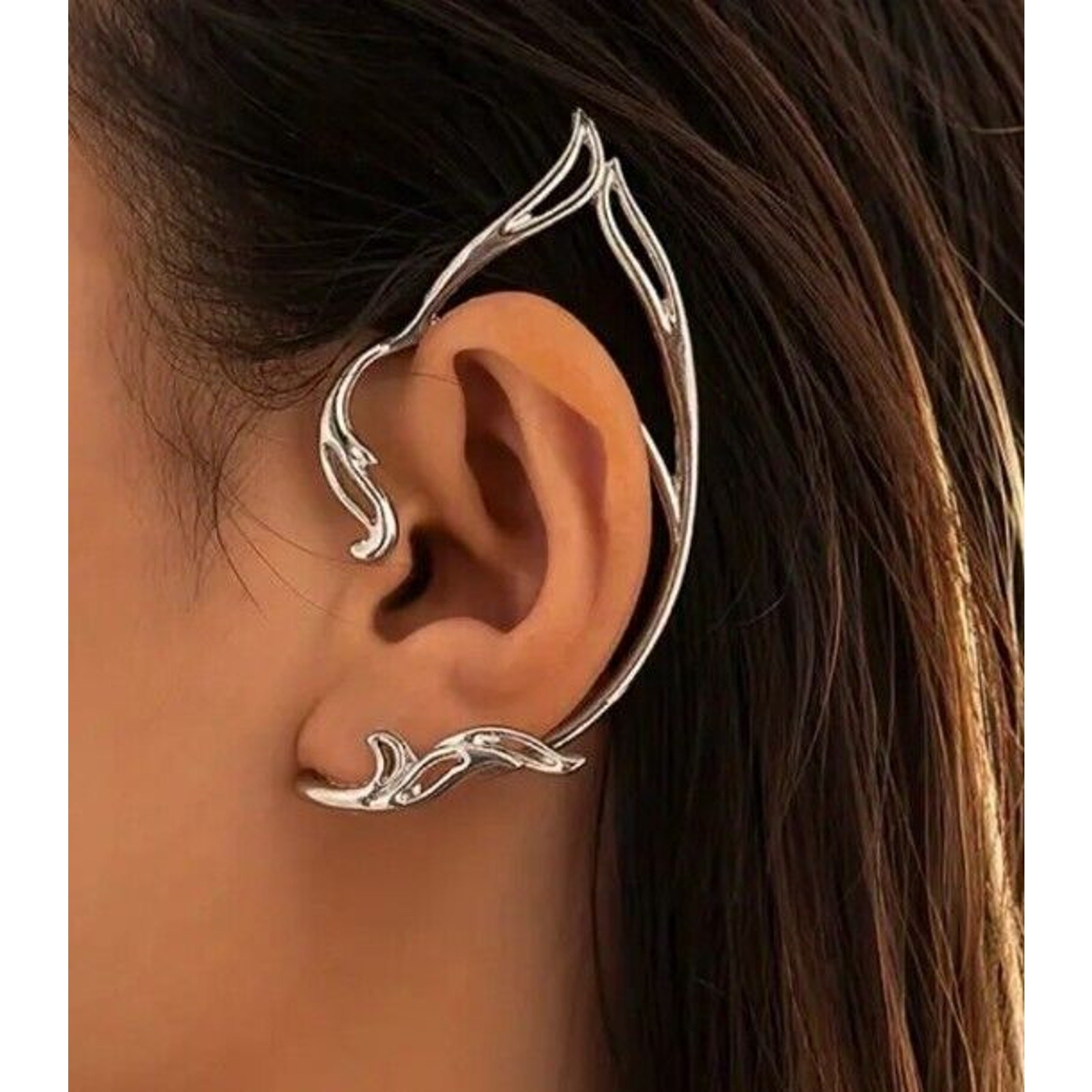Pair Fairy Elf Pointed Ear Metal Cuff Hook On Earrings Cosplay Con Fairycore