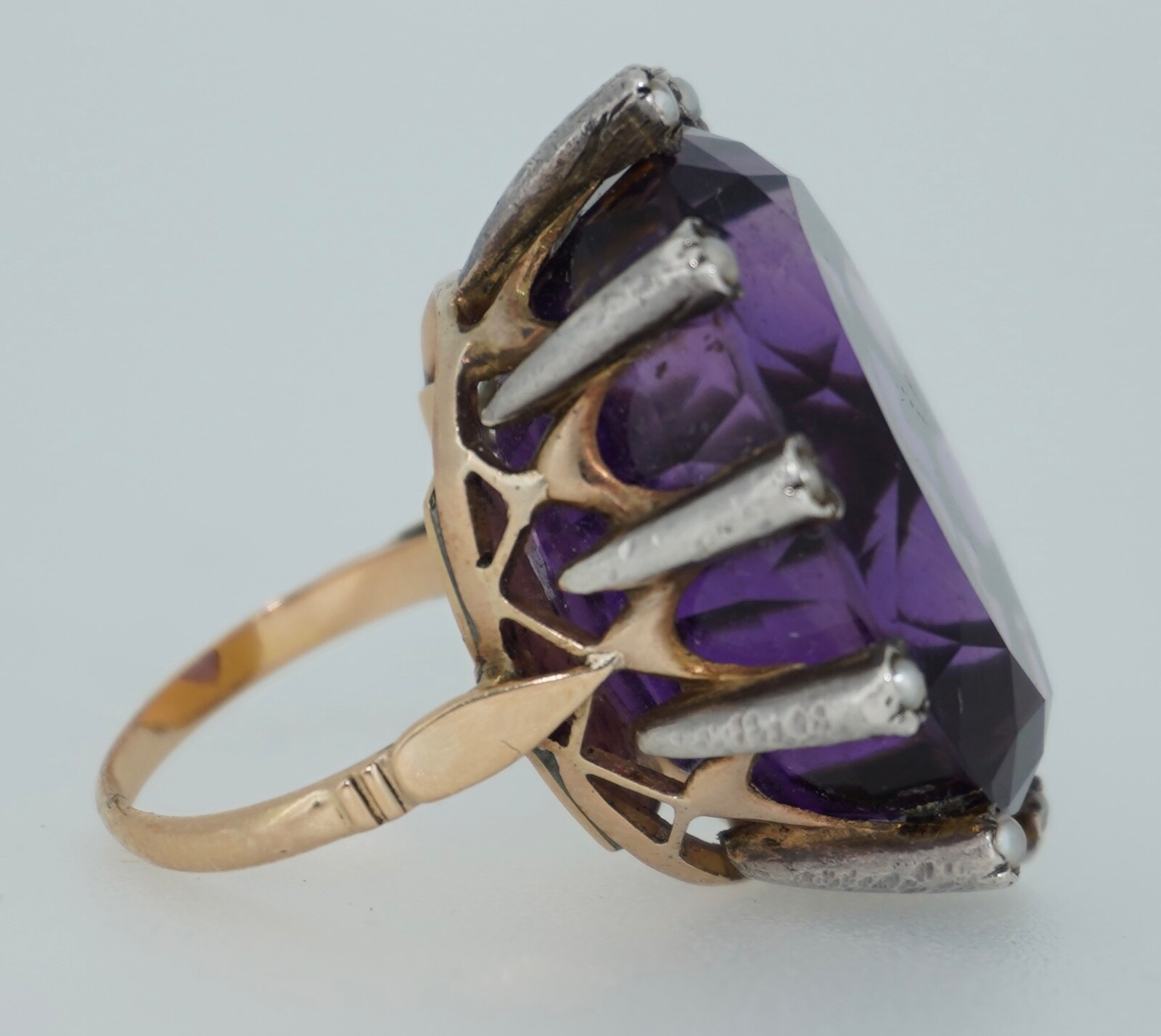 Antique 14K & Silver 43 Carat Amethyst & Seed Pearl Cocktail Ring
