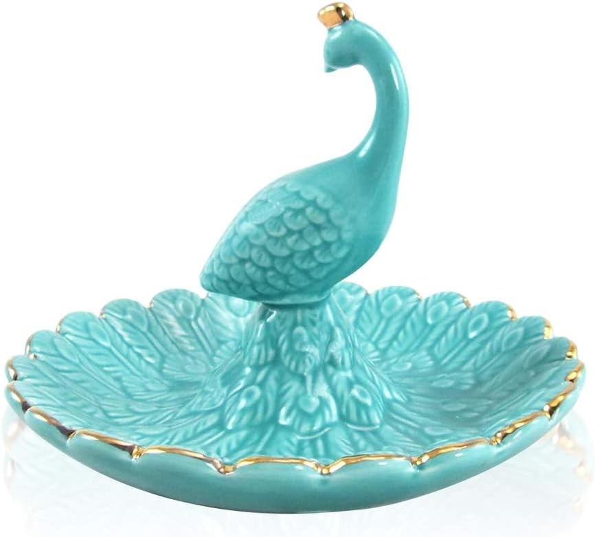 Cute Animal Ceramic Jewelry Tray Ring Holder Trinket Dish Blue Peacock