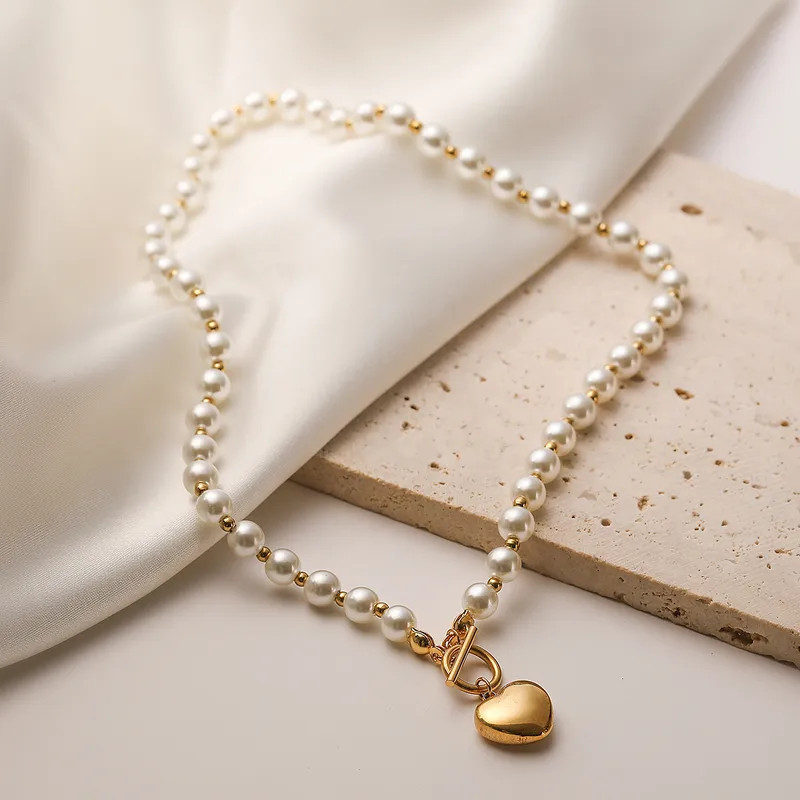 304 Stainless Steel Pearl Heart Necklace Gold Toggle Clasp Waterproof Women Gift