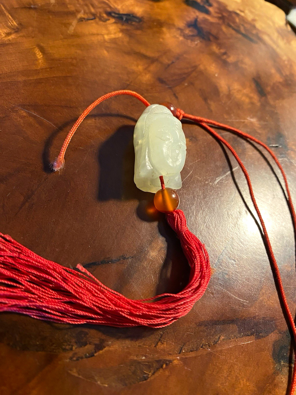 Adjustable Red Cord Carved White Jade Charm Pendant Necklace w/ Agate Beads