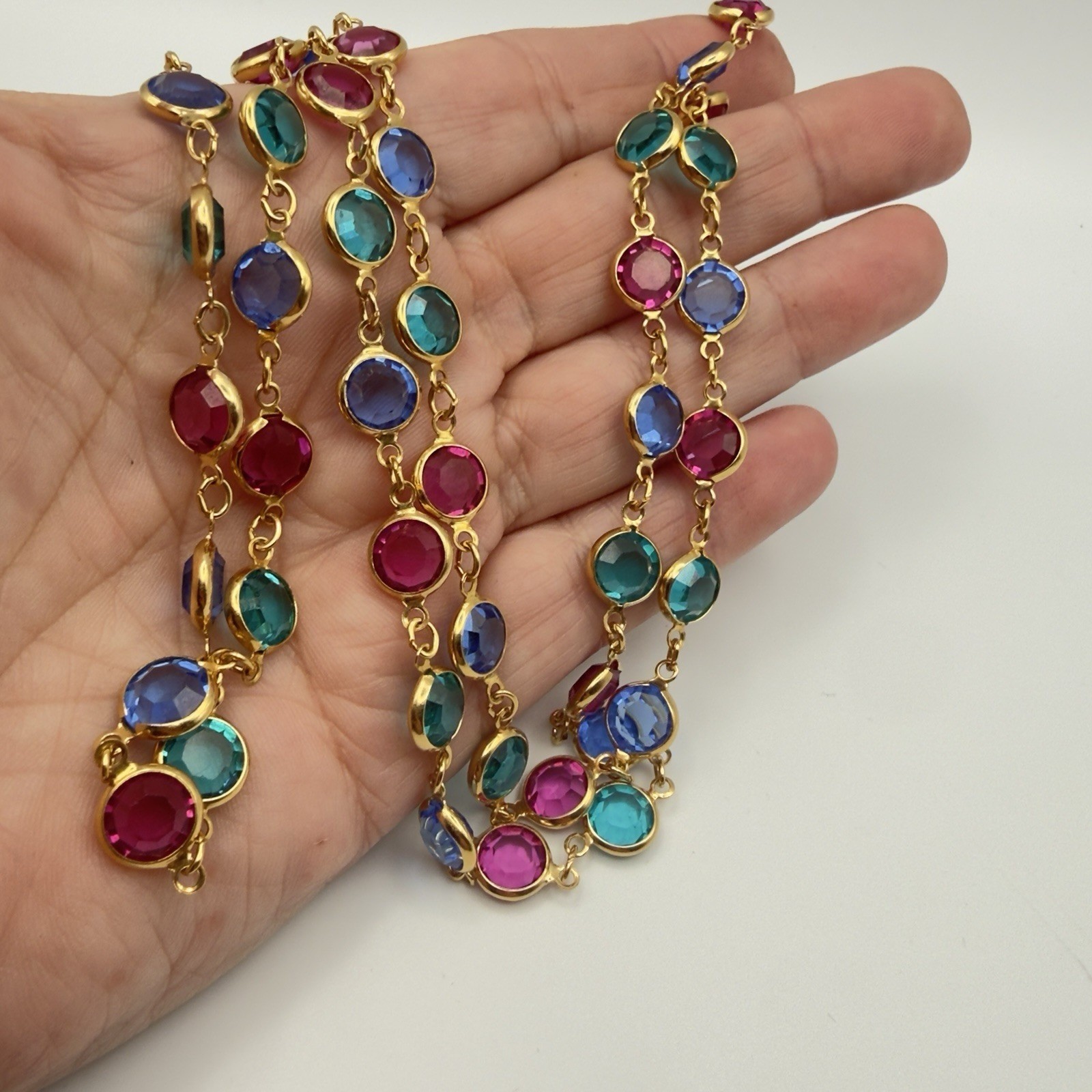 Swarovski Crystal Station Necklace 32in Endless Multicolor Gold Tone Signed Long