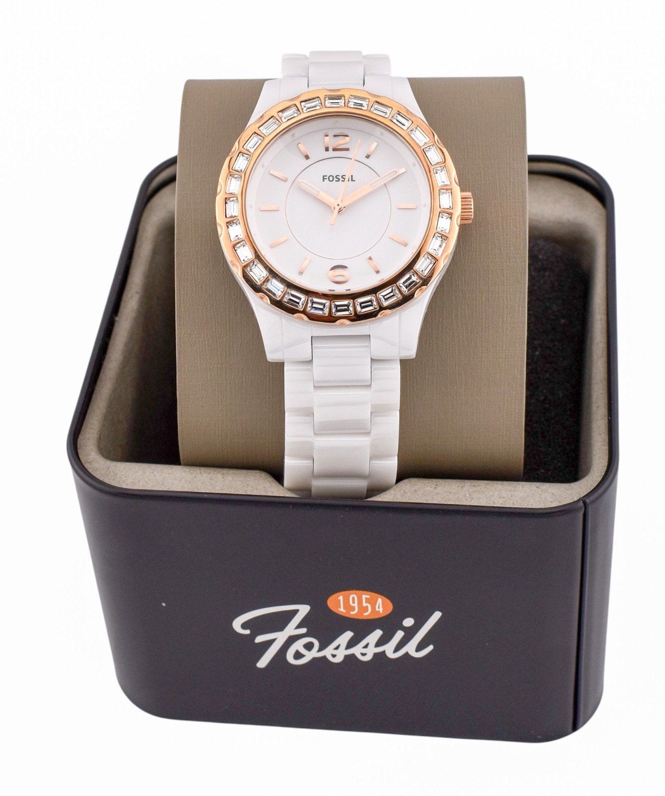 FOSSIL 38mm Baby Riley Ladies White Ceramic Glitz Dial Watch CE1068 $225.00