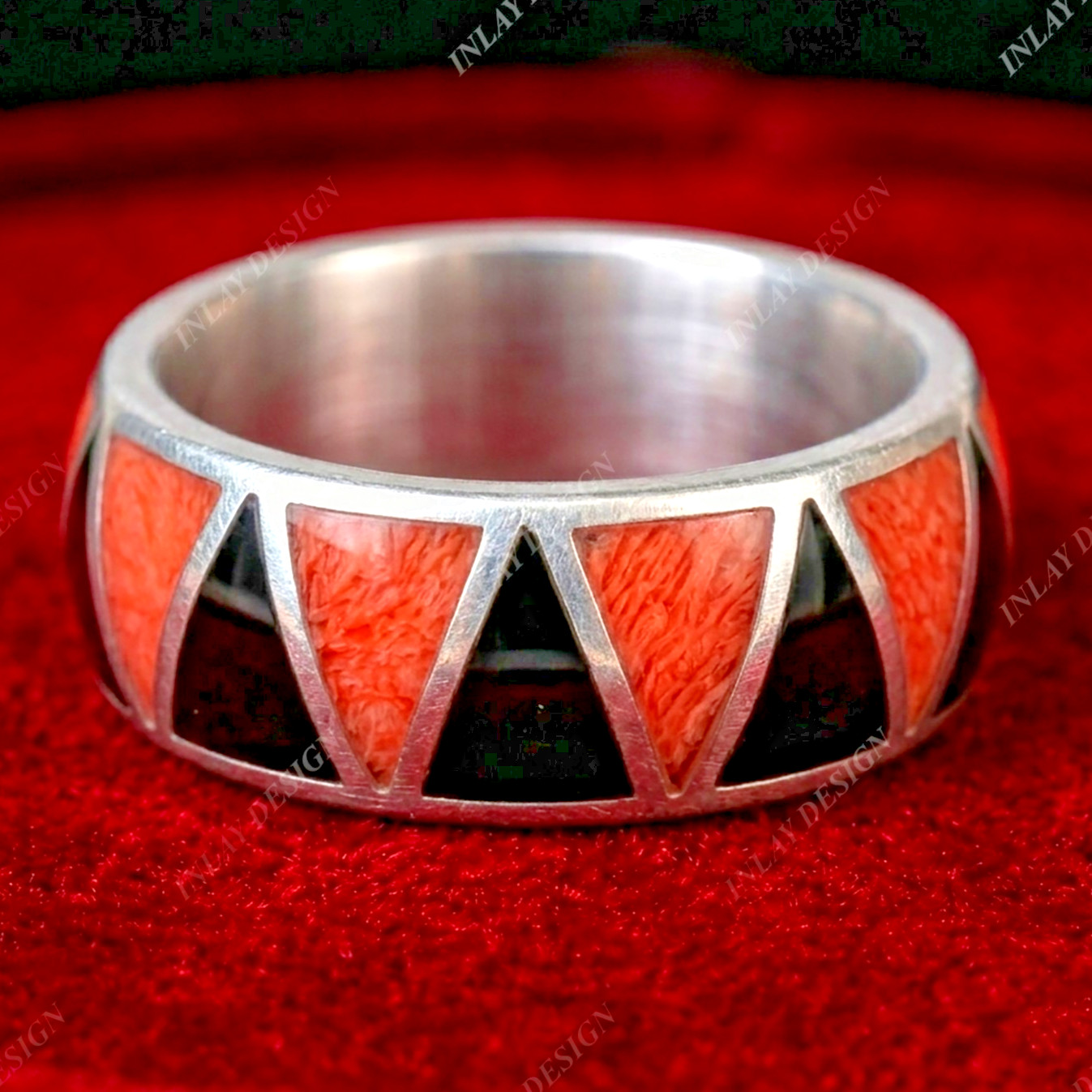Natural Onyx & Coral Gemstone Men & Women Inlay Design Ring 925 Solid Silver.